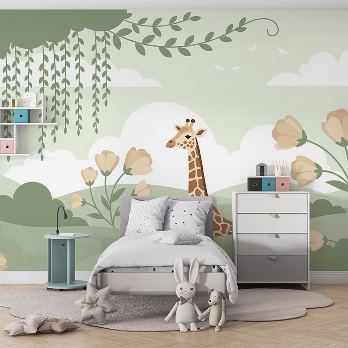 Barntapet | Giraff i en lugn blomstermiljö