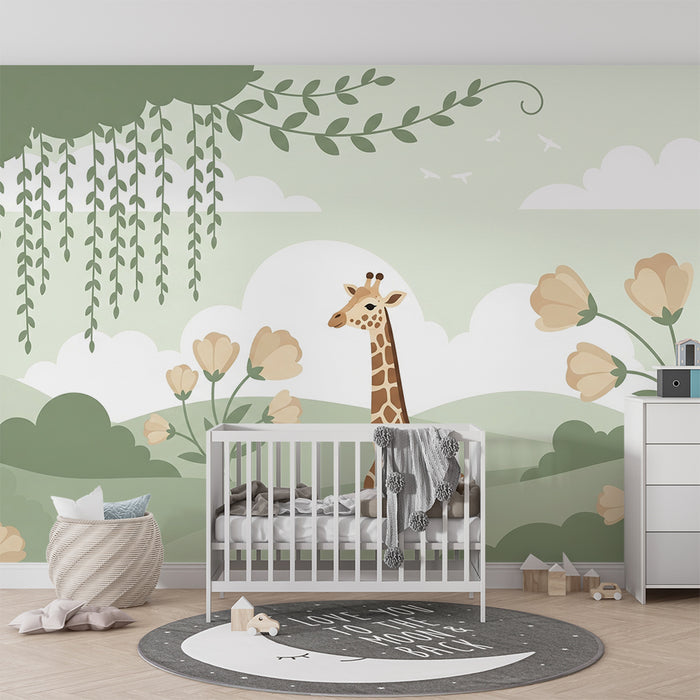 Barntapet | Giraff i en lugn blomstermiljö