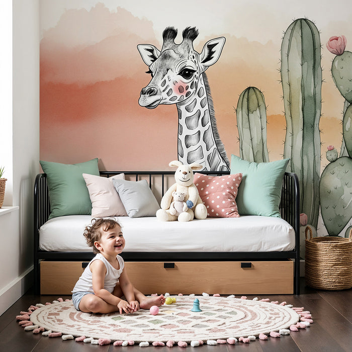 Detská izba tapeta | Jemná žirafa a farebné kaktusy