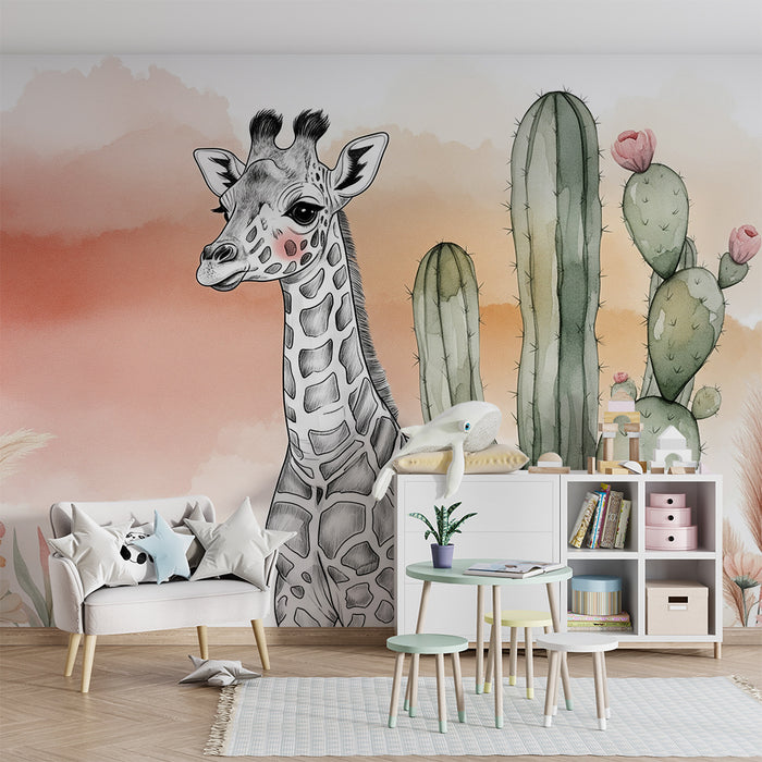 Detská izba tapeta | Jemná žirafa a farebné kaktusy