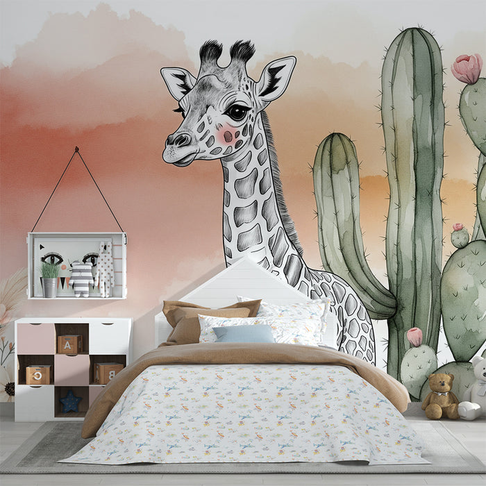 Detská izba tapeta | Jemná žirafa a farebné kaktusy