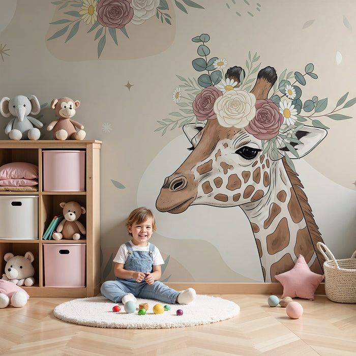 Babykamer behang | Delicate giraf versierd met bloemen op een pastelkleurige achtergrond