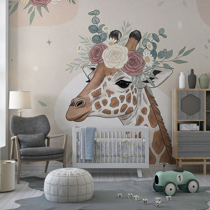 Babykamer behang | Delicate giraf versierd met bloemen op een pastelkleurige achtergrond