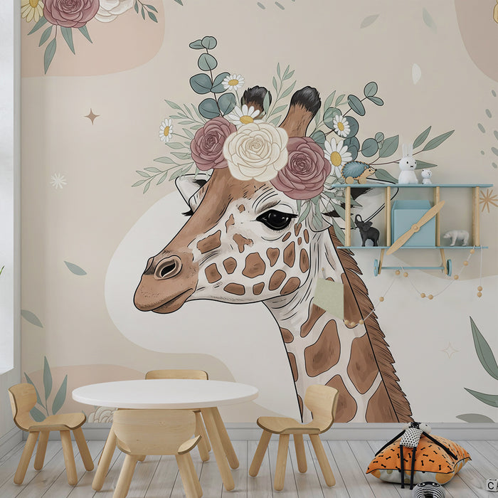 Babykamer behang | Delicate giraf versierd met bloemen op een pastelkleurige achtergrond