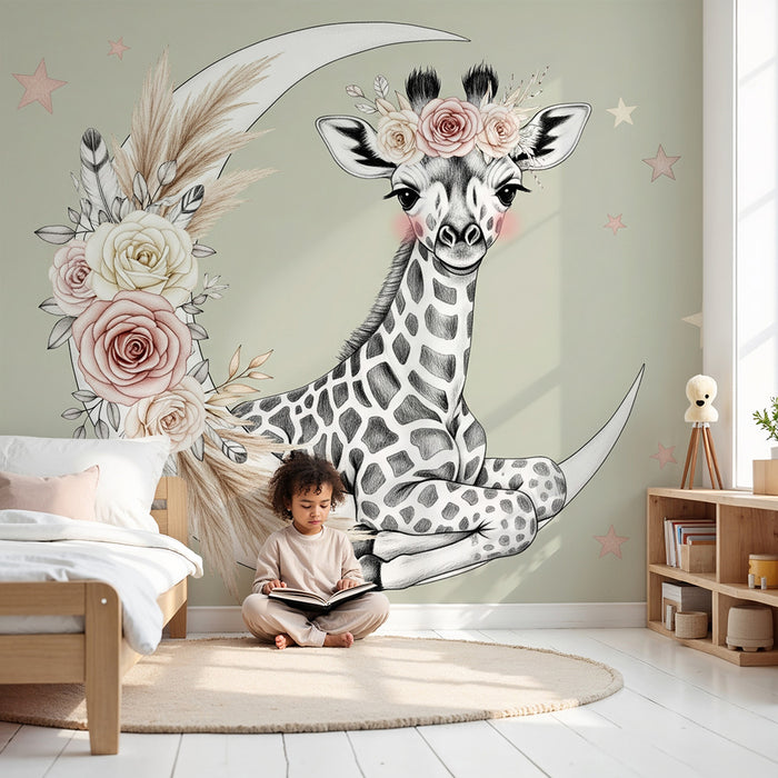 Papel de parede quarto bebê | Girafa delicada sob a lua