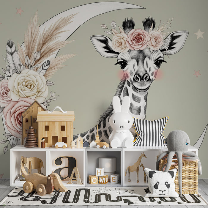 Papel de parede quarto bebê | Girafa delicada sob a lua