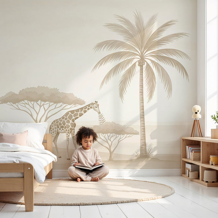 Papier peint chambre bébé | Girafe délicate sous un palmier dans un paysage doux