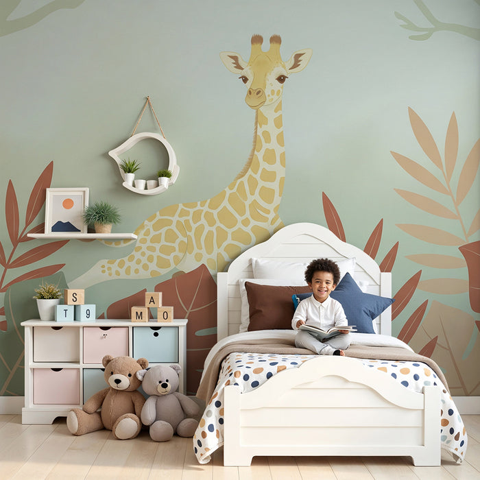 Nursery room wallpaper | Sweet giraffe in the middle of colorful foliage