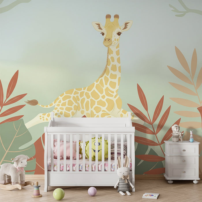 Nursery room wallpaper | Sweet giraffe in the middle of colorful foliage