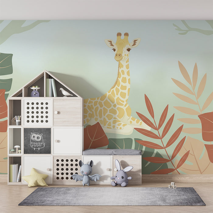 Nursery room wallpaper | Sweet giraffe in the middle of colorful foliage