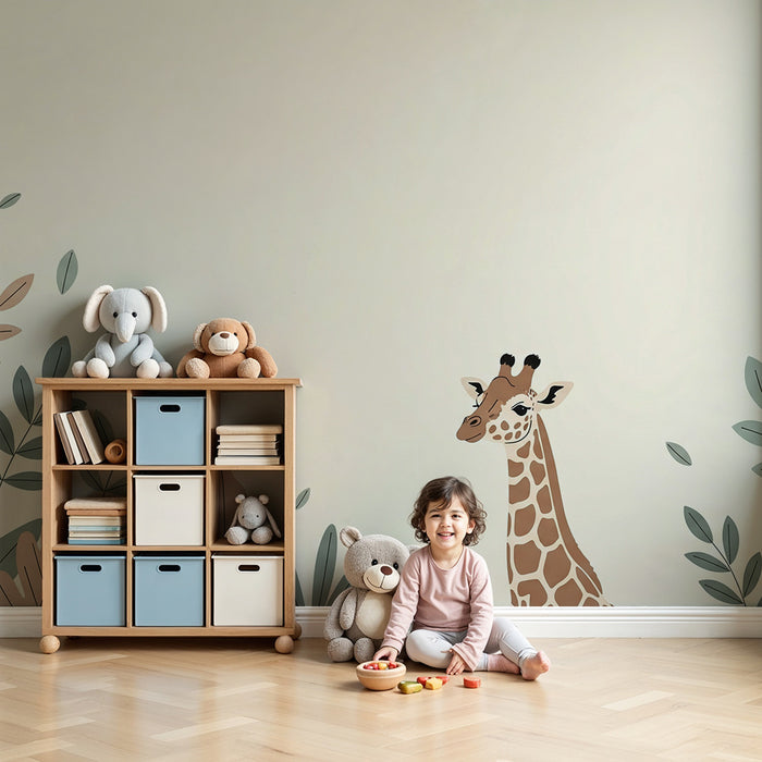Nursery room wallpaper | Soft giraffe surrounded by soothing foliage