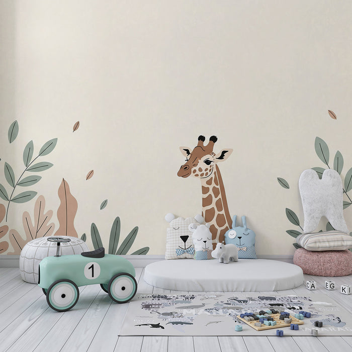 Nursery room wallpaper | Soft giraffe surrounded by soothing foliage