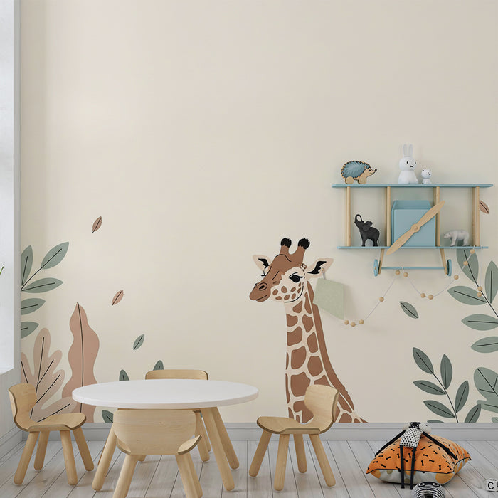 Nursery room wallpaper | Soft giraffe surrounded by soothing foliage
