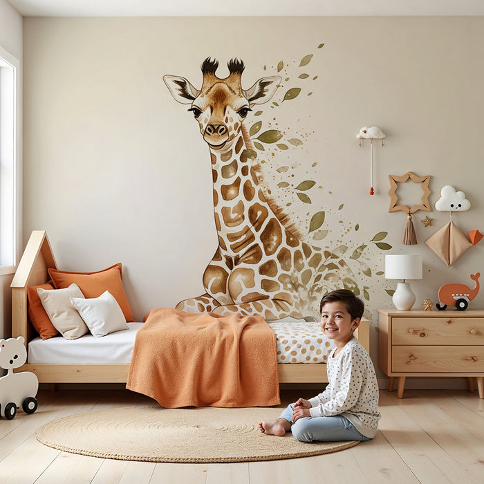 Papier peint chambre bébé | Girafe douce entourée de feuilles délicates
