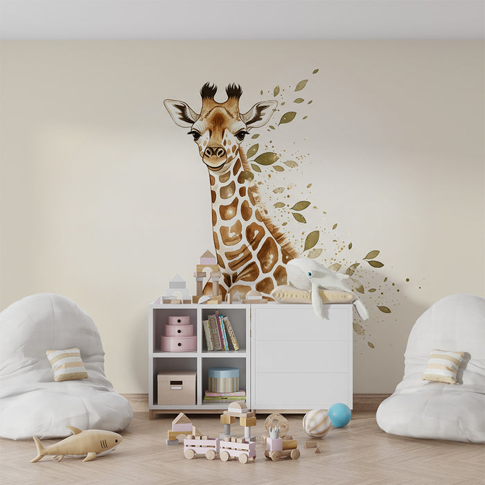 Papier peint chambre bébé | Girafe douce entourée de feuilles délicates