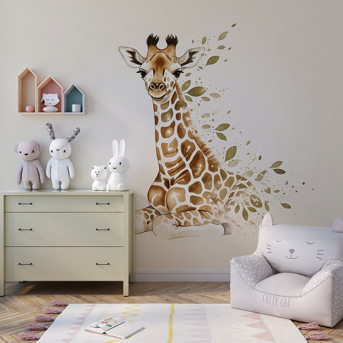 Papier peint chambre bébé | Girafe douce entourée de feuilles délicates