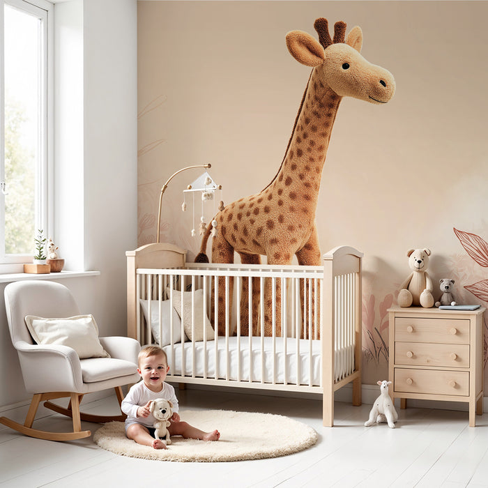 Lastenhuoneen tapetti | Lempeä kirahvi ja herkkä kasvillisuus