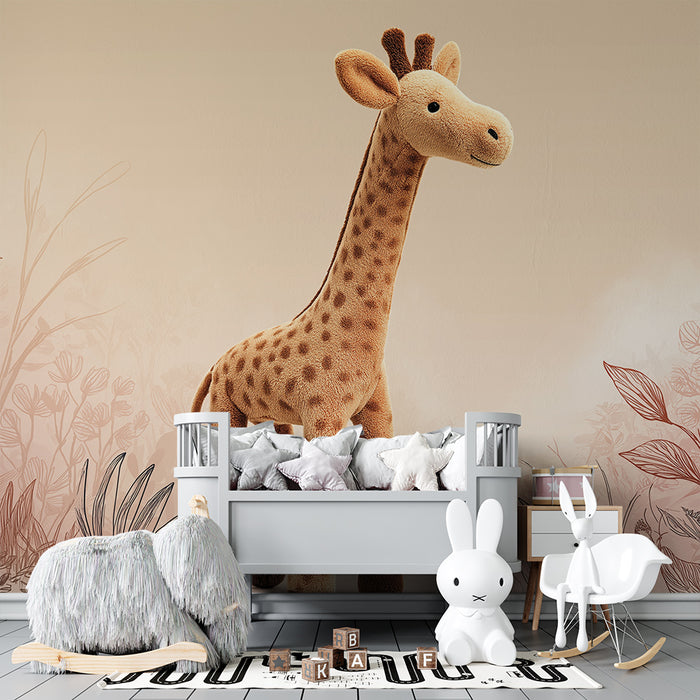 Lastenhuoneen tapetti | Lempeä kirahvi ja herkkä kasvillisuus