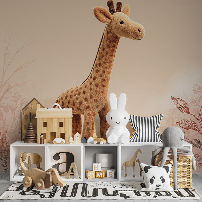 Lastenhuoneen tapetti | Lempeä kirahvi ja herkkä kasvillisuus