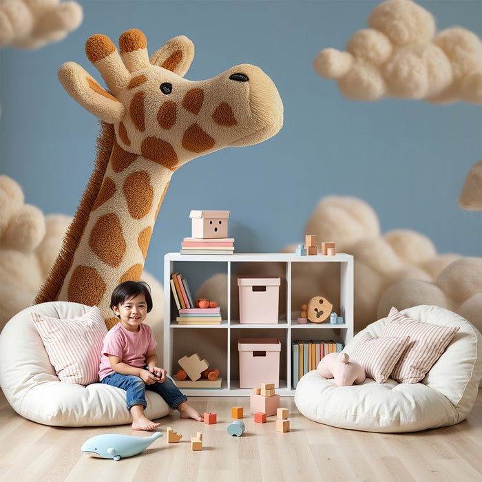 Nursery room wallpaper | Soft giraffe among fluffy clouds