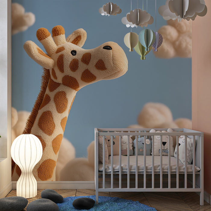 Nursery room wallpaper | Soft giraffe among fluffy clouds