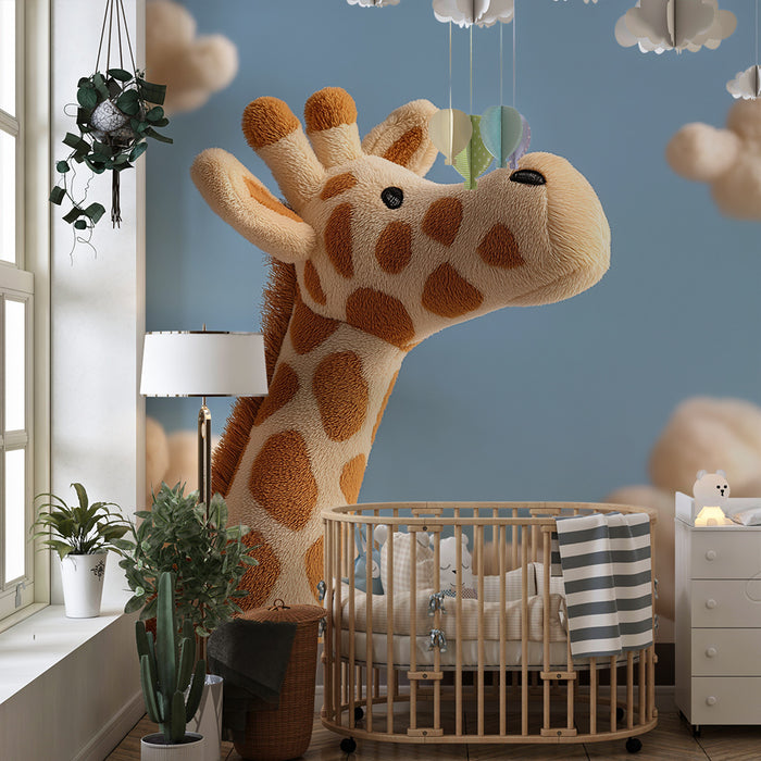 Nursery room wallpaper | Soft giraffe among fluffy clouds