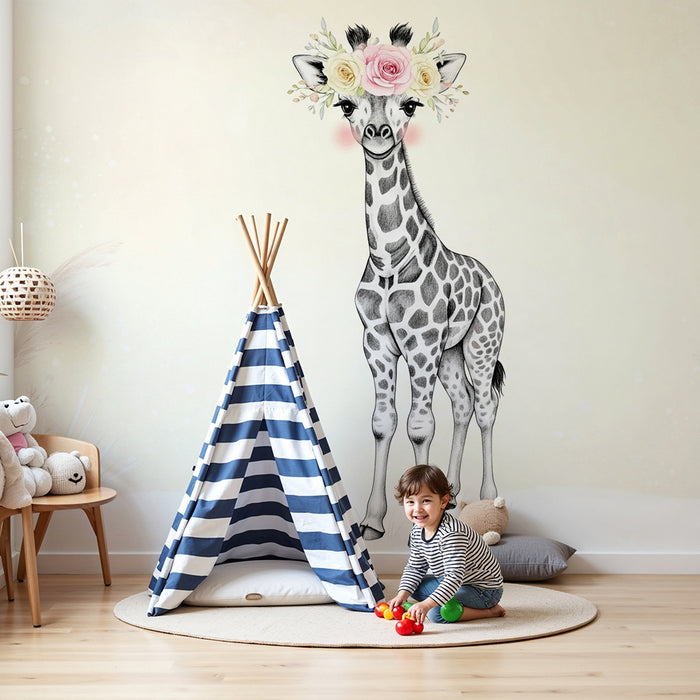 Papier peint chambre bébé | Girafe élégante avec couronne de fleurs