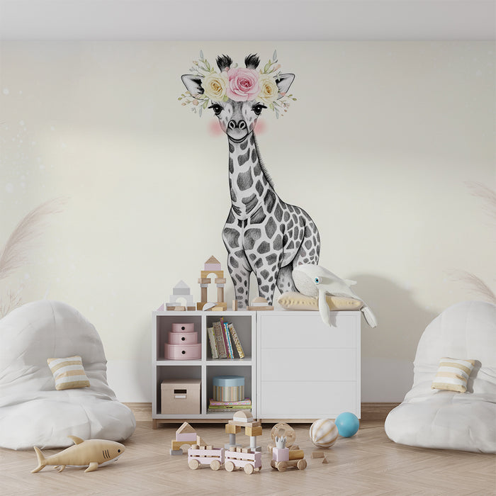 Papier peint chambre bébé | Girafe élégante avec couronne de fleurs