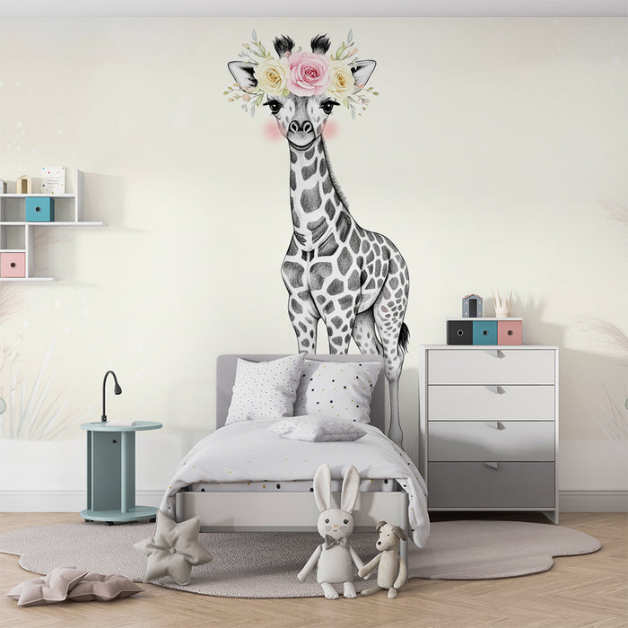 Papier peint chambre bébé | Girafe élégante avec couronne de fleurs