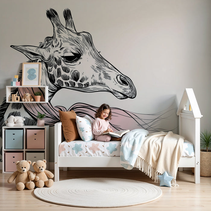 Papel de parede quarto bebê | Girafa elegante com cachecol rosa em fundo suave