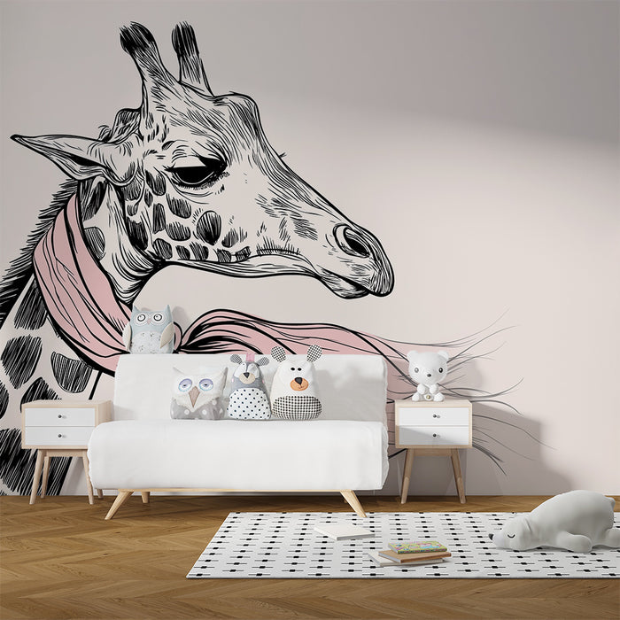 Papel de parede quarto bebê | Girafa elegante com cachecol rosa em fundo suave