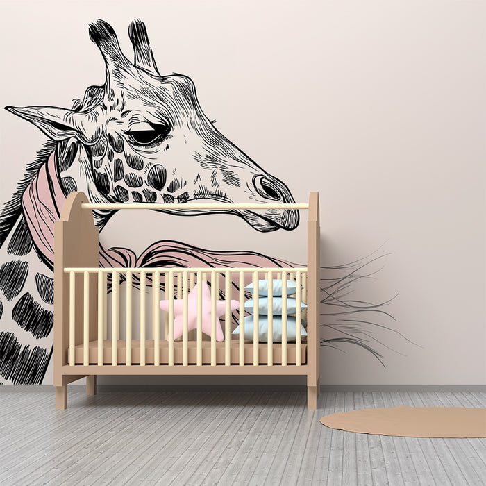 Papel de parede quarto bebê | Girafa elegante com cachecol rosa em fundo suave