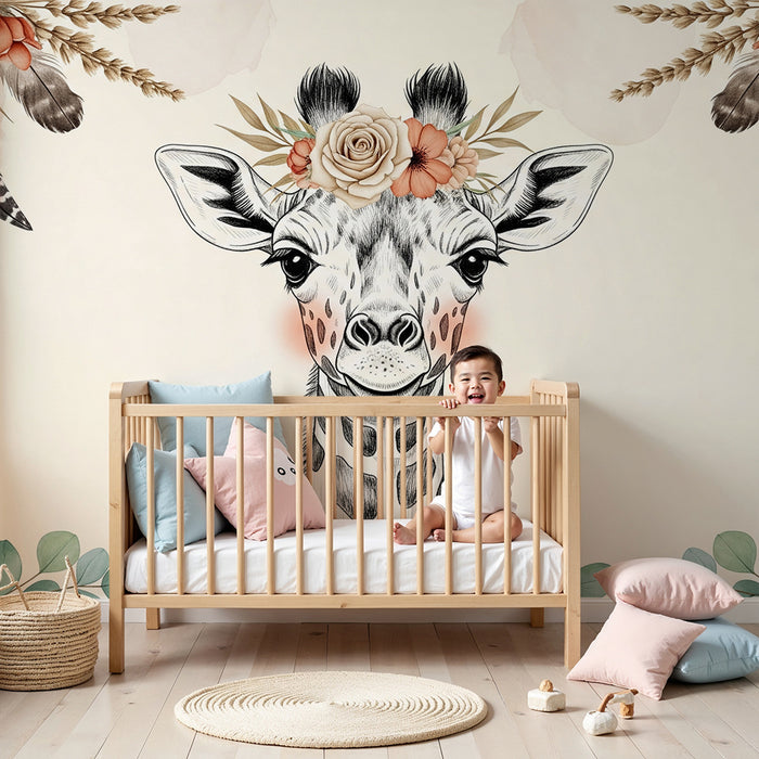 Nursery room wallpaper | Elegant giraffe with flowers