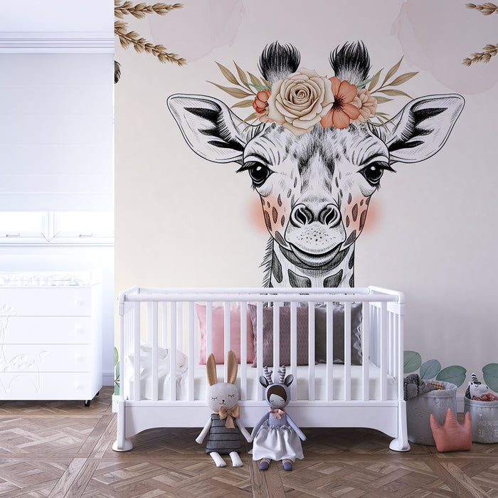 Nursery room wallpaper | Elegant giraffe with flowers