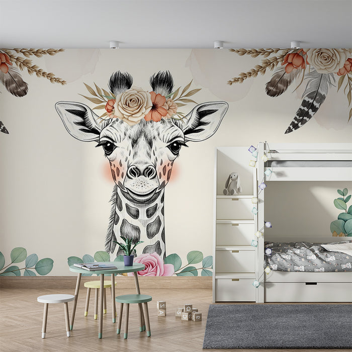 Nursery room wallpaper | Elegant giraffe with flowers