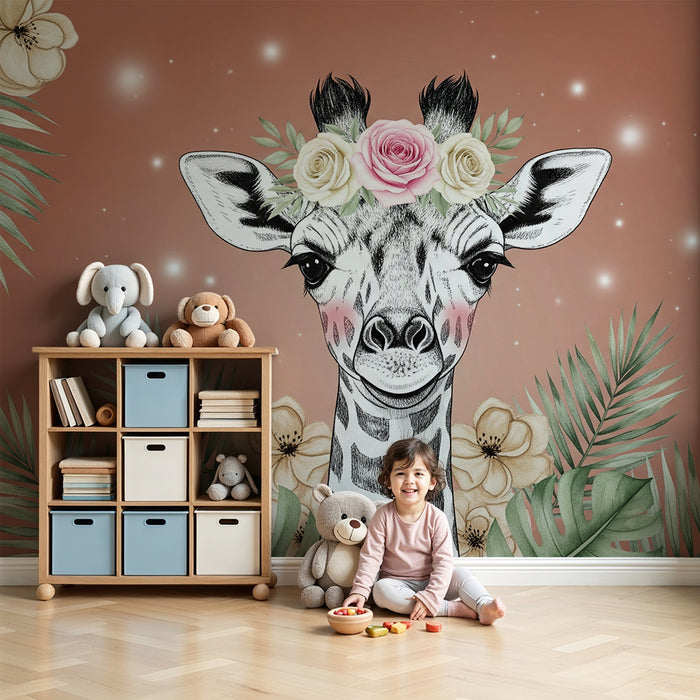 Nursery room wallpaper | Elegant giraffe with flowers and foliage