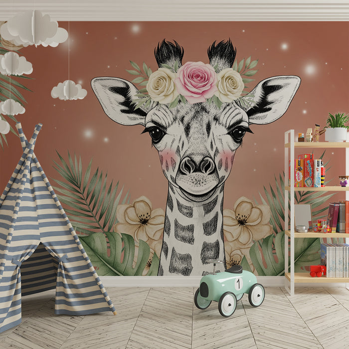Nursery room wallpaper | Elegant giraffe with flowers and foliage
