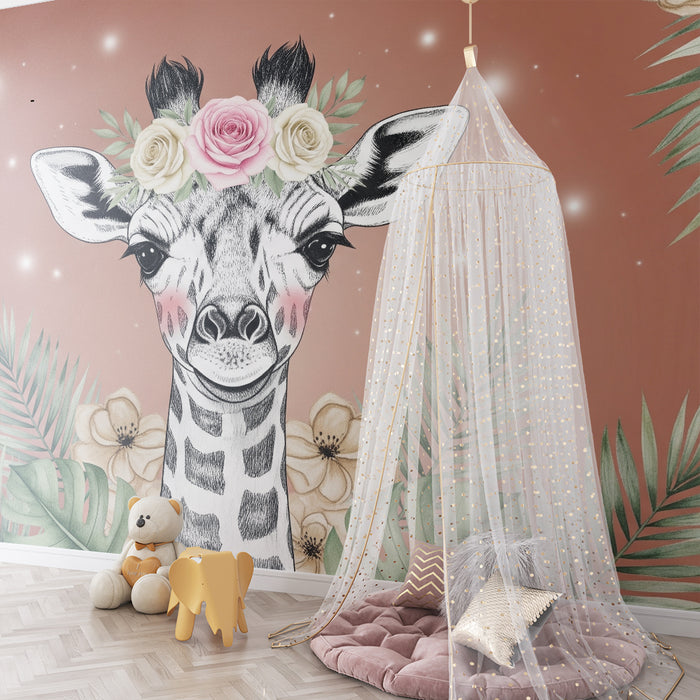 Nursery room wallpaper | Elegant giraffe with flowers and foliage
