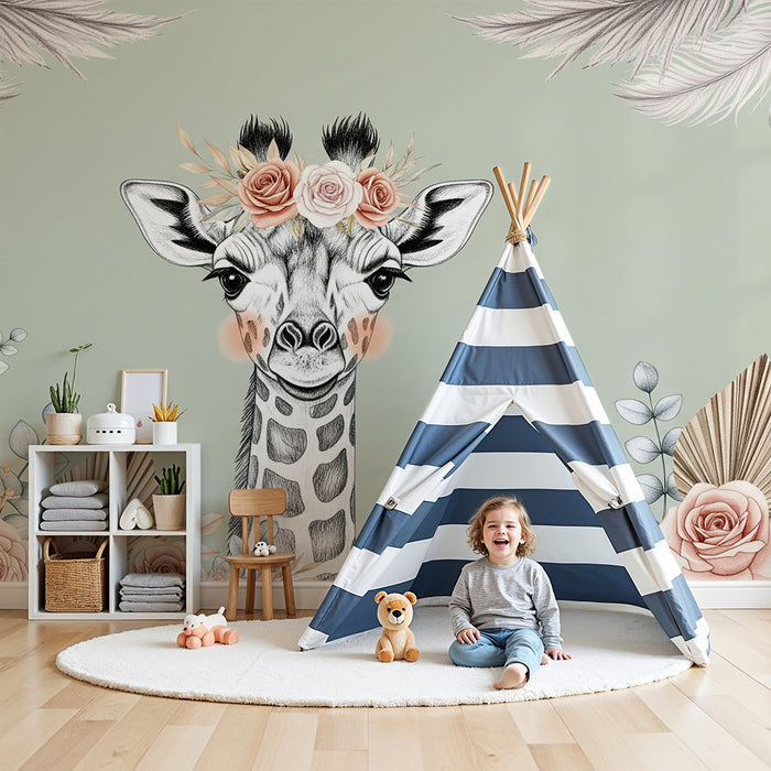 Nursery room wallpaper | Elegant giraffe with sage green background flowers