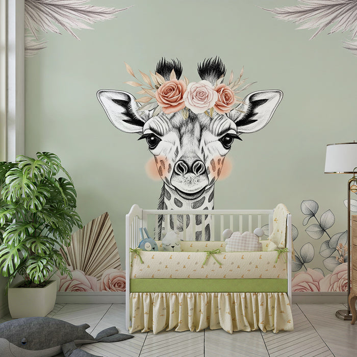 Nursery room wallpaper | Elegant giraffe with sage green background flowers