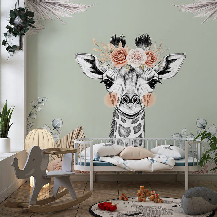 Nursery room wallpaper | Elegant giraffe with sage green background flowers