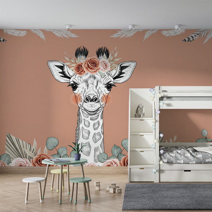Nursery room wallpaper | Elegant giraffe surrounded by flowers