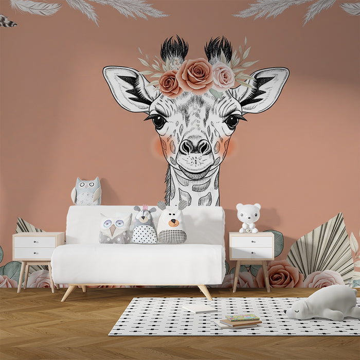 Nursery room wallpaper | Elegant giraffe surrounded by flowers