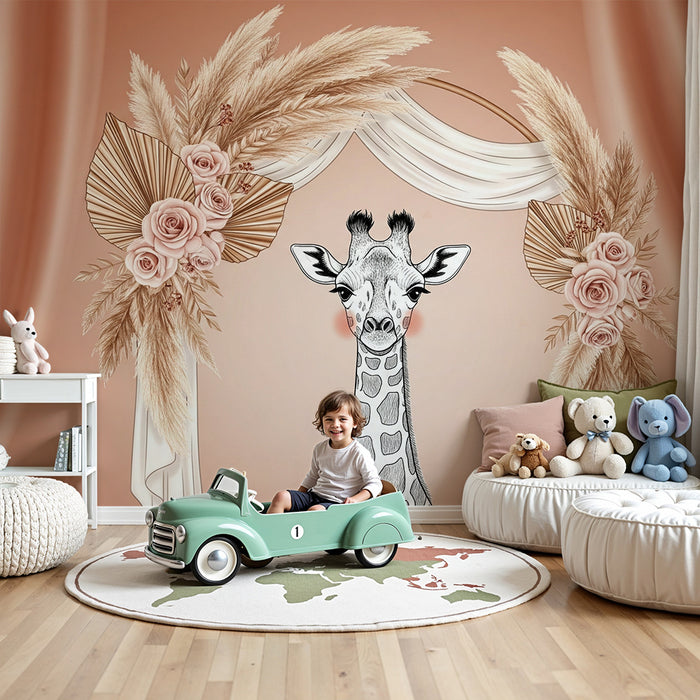 Papier peint chambre bébé | Girafe élégante et décor floral