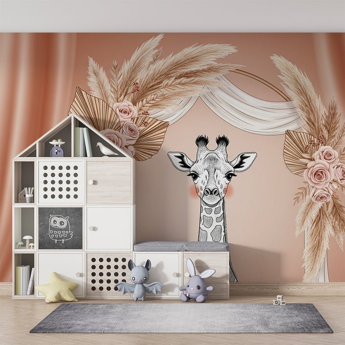Papier peint chambre bébé | Girafe élégante et décor floral