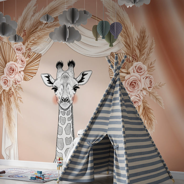 Papier peint chambre bébé | Girafe élégante et décor floral