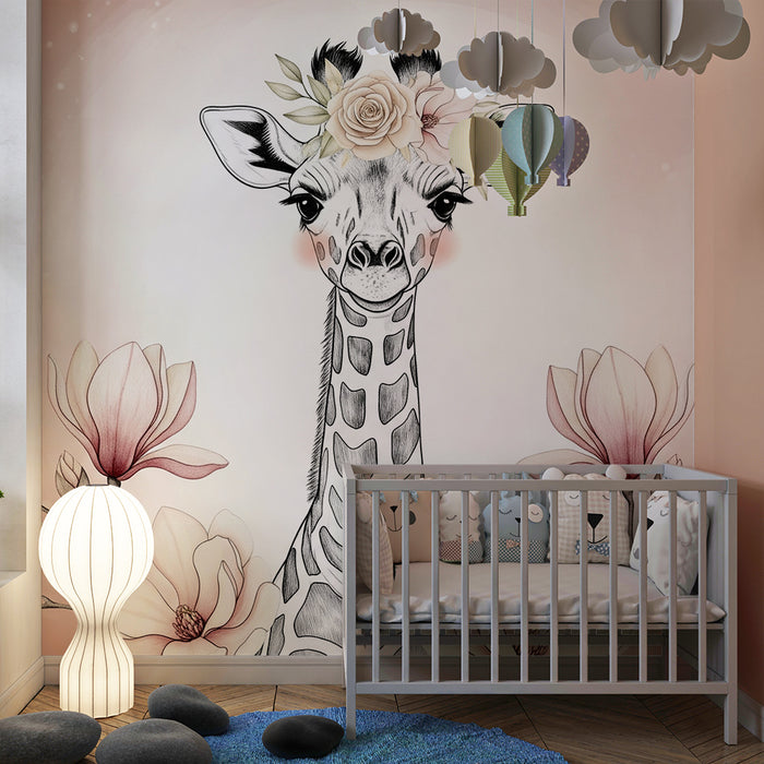 Nursery room wallpaper | Elegant giraffe and delicate flowers