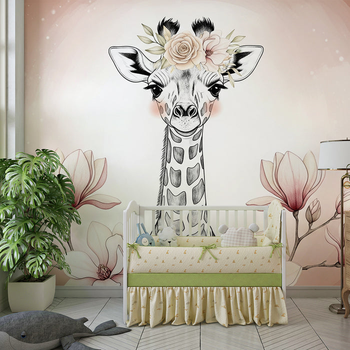 Nursery room wallpaper | Elegant giraffe and delicate flowers