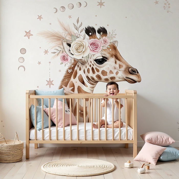 Babyzimmer Tapete | Elegante Giraffe verziert mit Blumen und Sternen