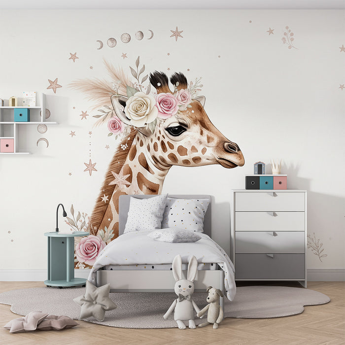 Babyzimmer Tapete | Elegante Giraffe verziert mit Blumen und Sternen